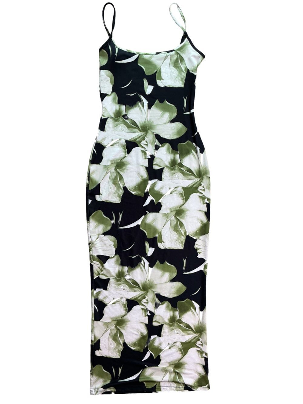Floral Slip Maxi Dress Green White Black Spaghetti Strap Satin Size M